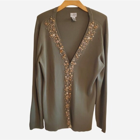 Chico's Sweaters - Chico's Olive Green Open Front Beaded Cardigan Size 3 US XL Boho Artsy Office